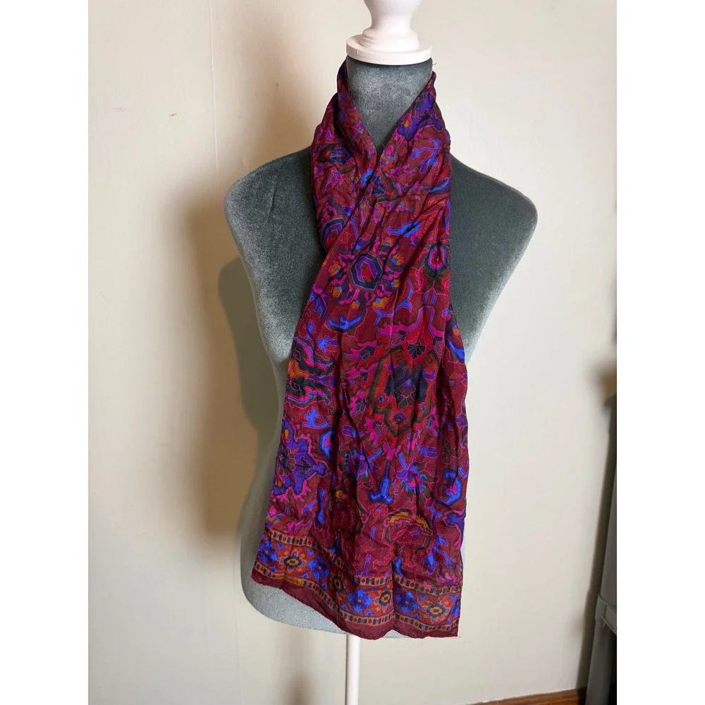 Liz Claiborne Vintage 100% Silk Scarf Jewel Tone Geometric Abstract Burgundy